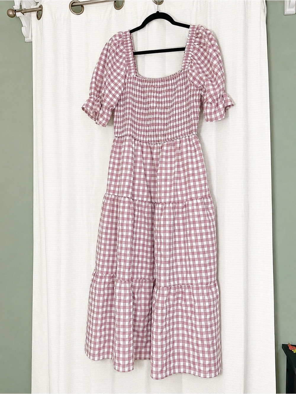 Dusty Pinkish Purple & White Gingham Smocked Midi Dress | Puff Sleeve | XL